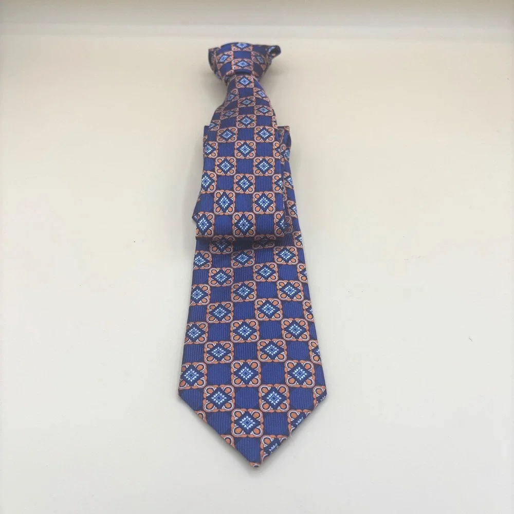 Jos A Bank Signature Mens Silk Tie Blue Orange Geometric Medallion Silk Necktie